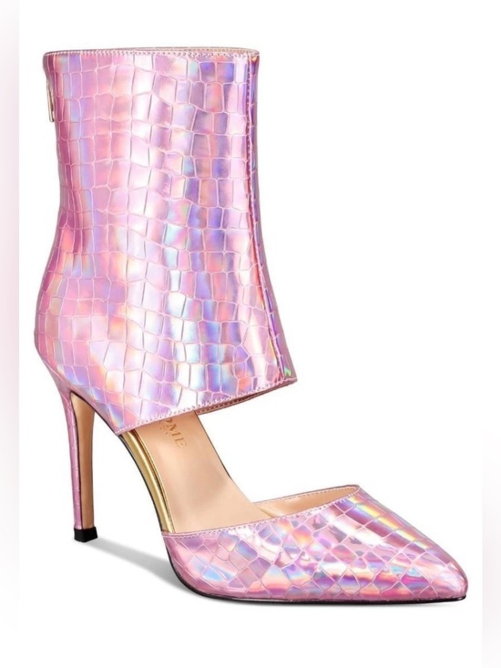 Iridescent Pink Croc-Embossed Pointed Ankle-Heel Boot by Thing II Come